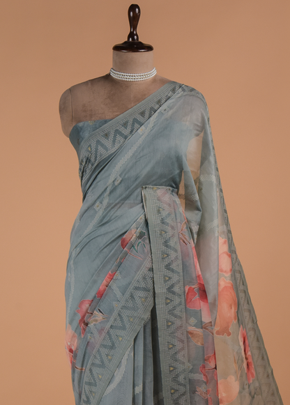 Blue Cotton Printed Saree