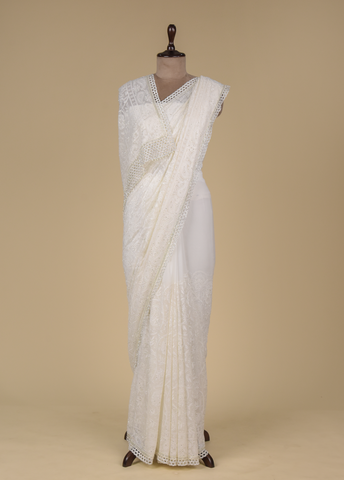 White Georgette Embroidered Saree