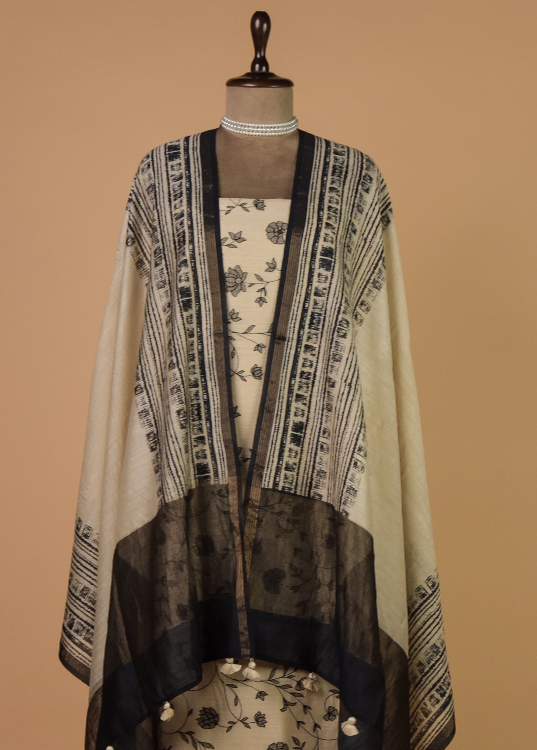 Cream Munga Tussar Dress Material