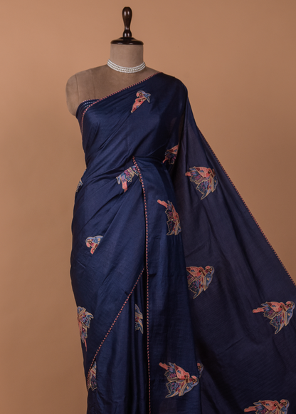 Blue Tussar Embroidered Saree