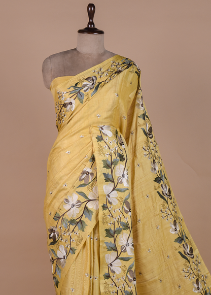 Yellow Tussar Embroidered Saree