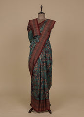 Blue Tussar Silk Printed Kalamkari  Saree