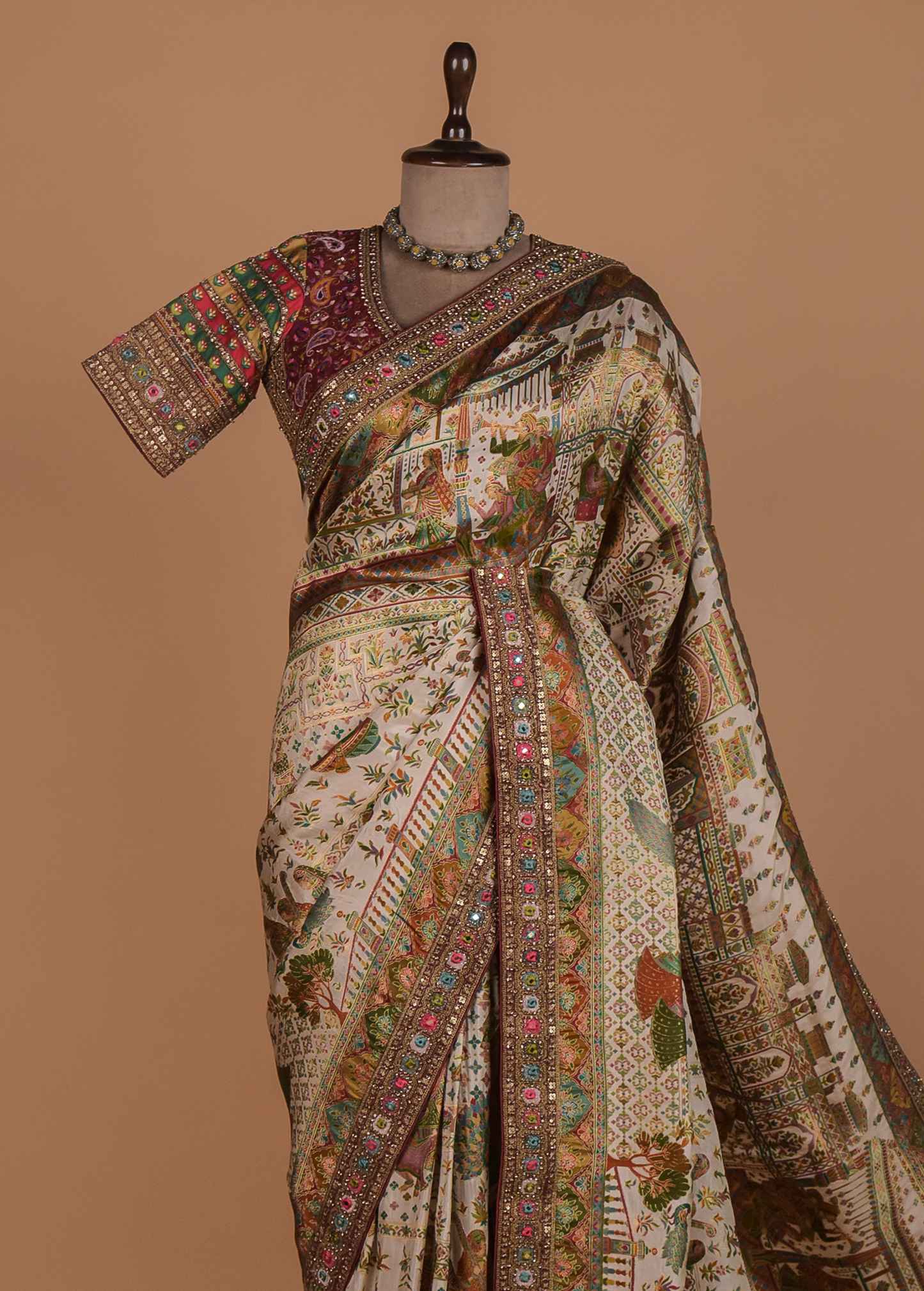 Cream Moroccan Silk Embroidered Saree