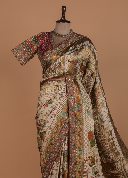 Cream Moroccan Silk Embroidered Saree