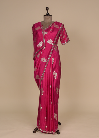 Pink Chinia Silk Embroidered Saree