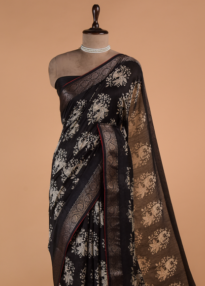 Black Cotton Printed Saree