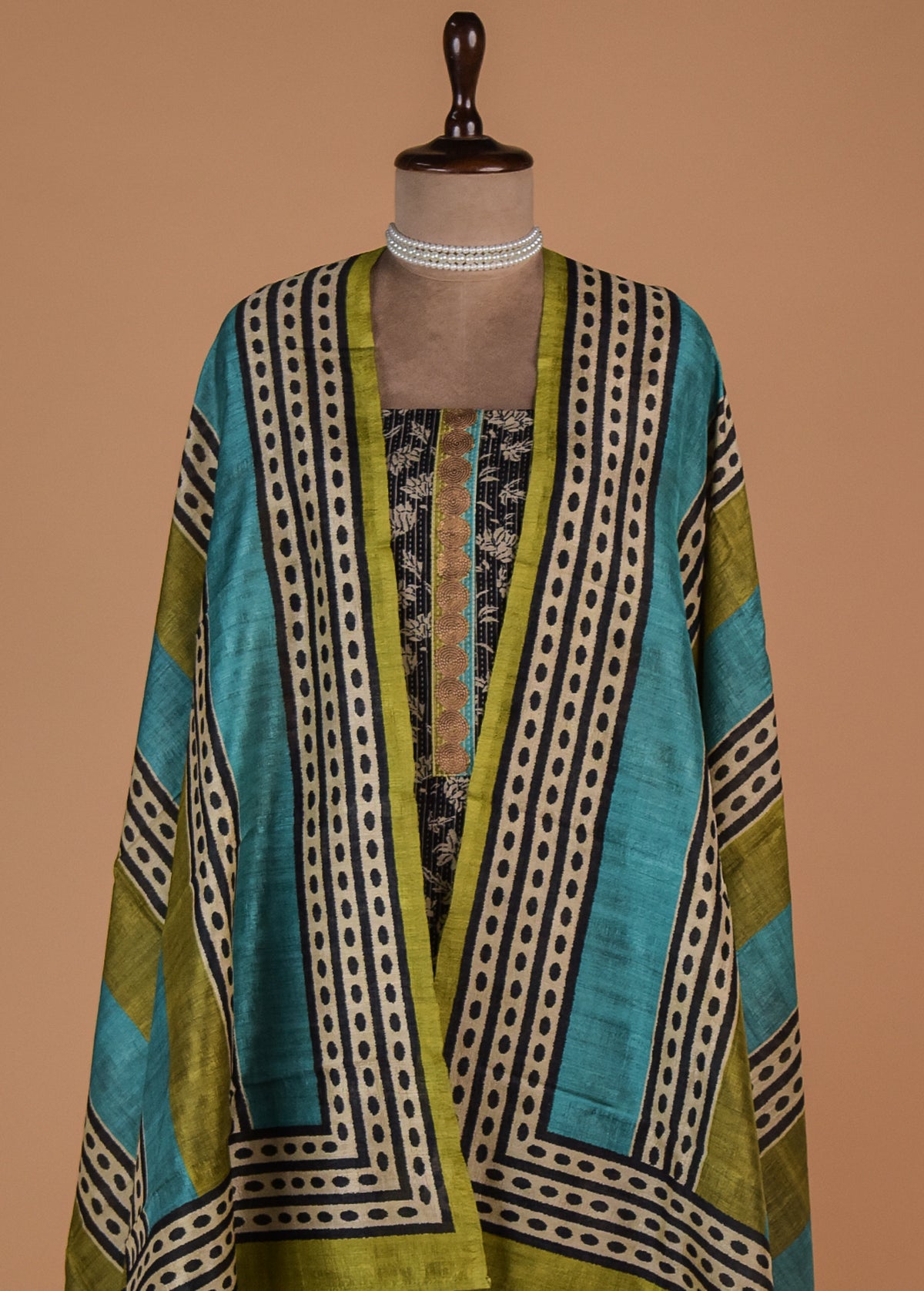 Black Tussar Cotton Dress Material