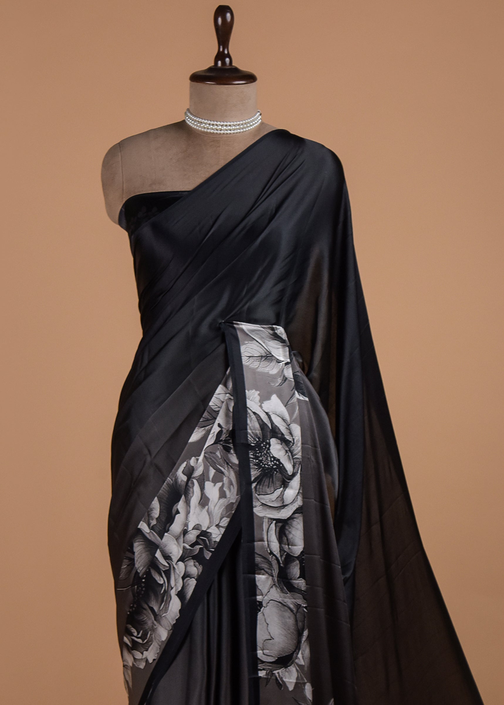 Black Satin Printed Saree