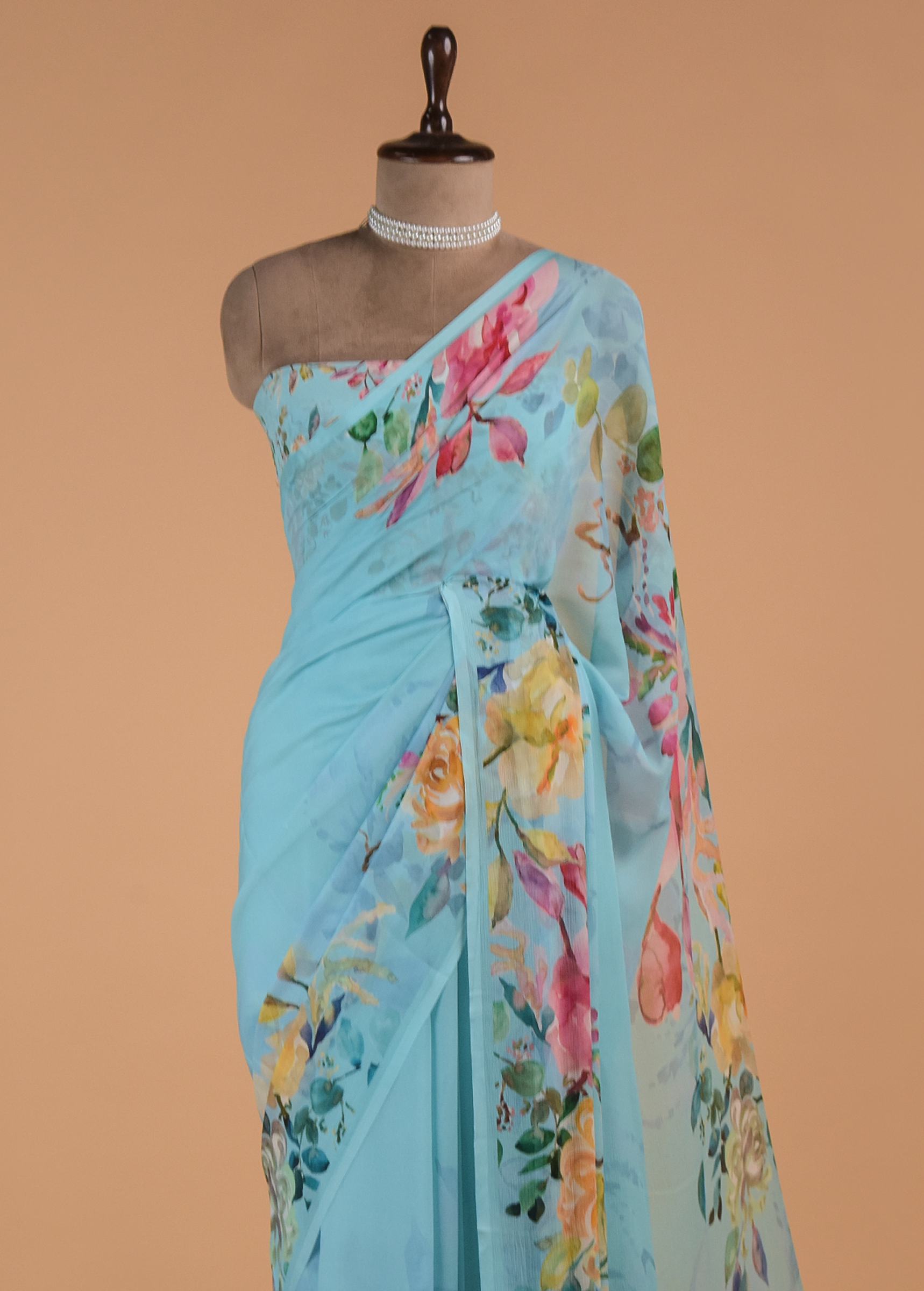 Blue Printed Chiffon Saree - Image 2 | Greenways Delhi