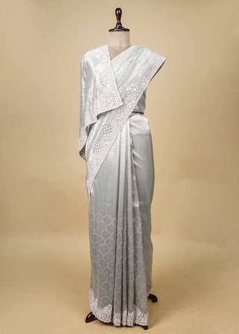 Grey Shimmer Tissue Embroidered Saree