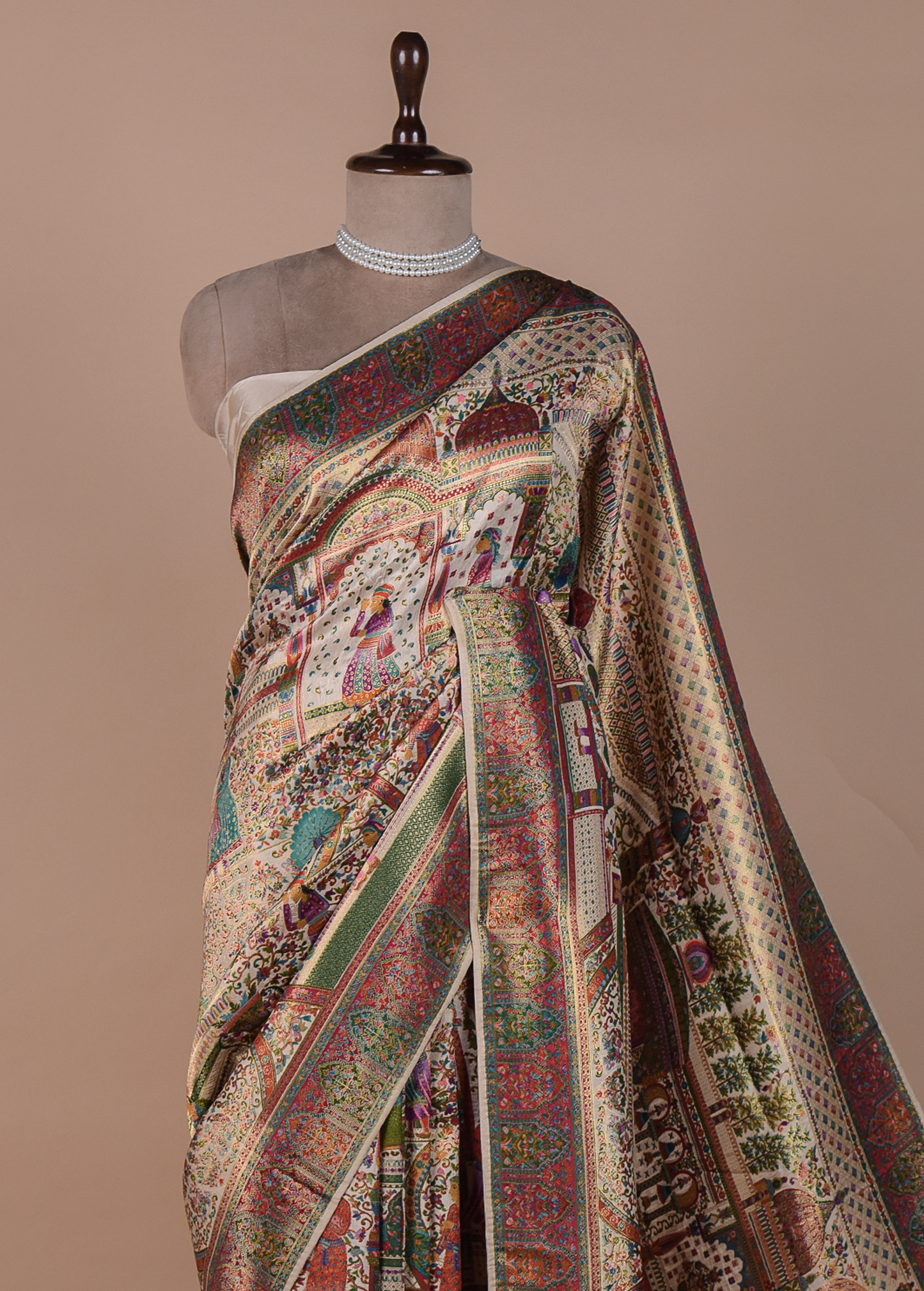 Cream Silk Embroidered Saree