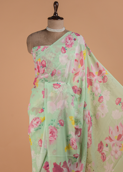 Green Crepe Printed Saree