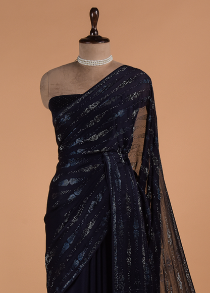 Blue Chinon Crepe Embroidered Saree