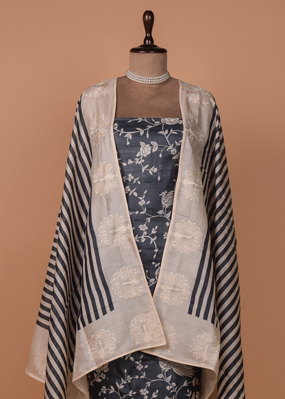 Blue Tussar Silk Dress Material