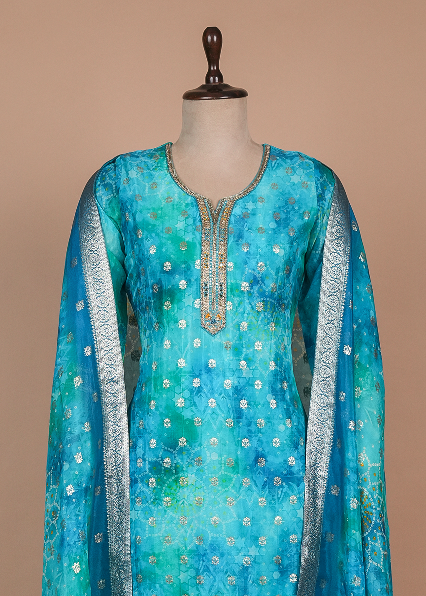 Blue Cotton Silk Straight Set