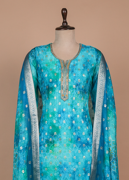 Blue Cotton Silk Straight Set