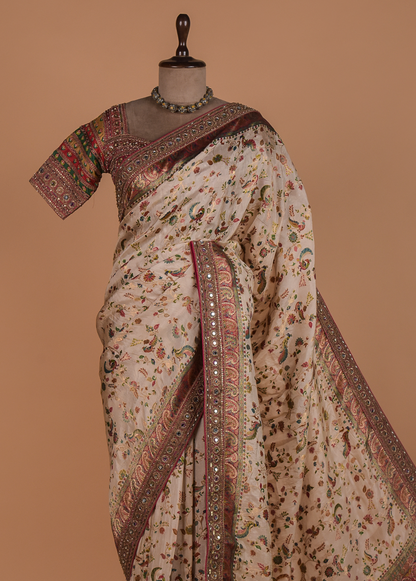 Cream Moroccan Silk Embroidered Saree