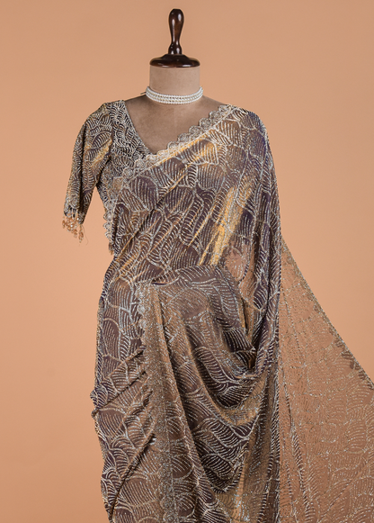 Metallic Silver Shimmer Georgette Embroidered Saree