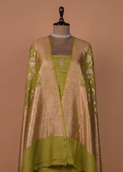 Green Munga Tussar Silk Dress Material