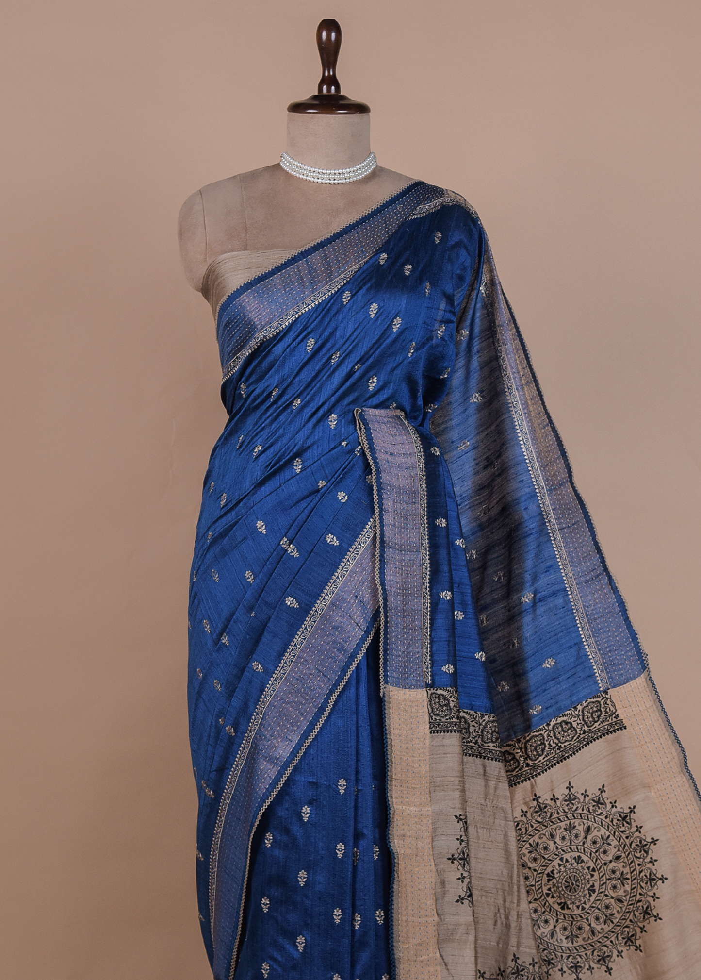Blue Handloom Tussar Embroidered Saree