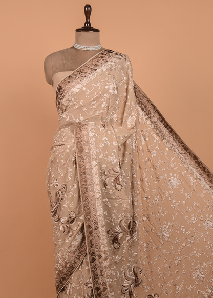 Beige Georgette Embroidered Saree