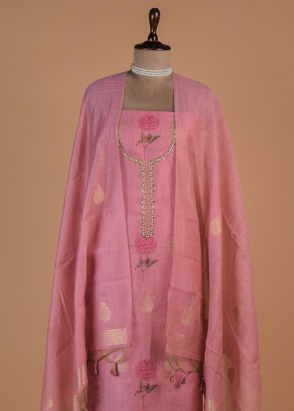 Pink Chanderi Cotton Dress Material
