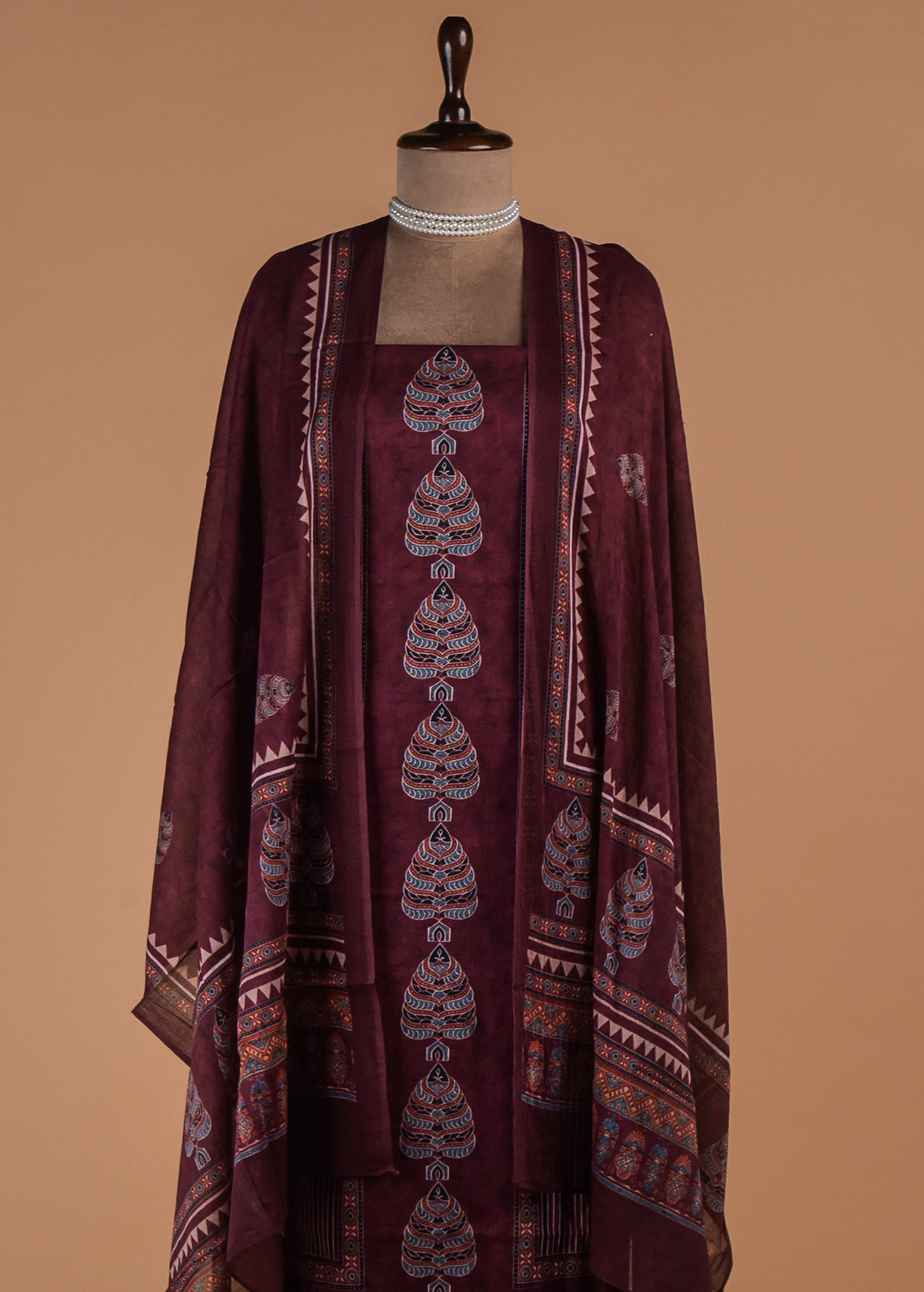 Wine Chanderi Cotton Dress Material