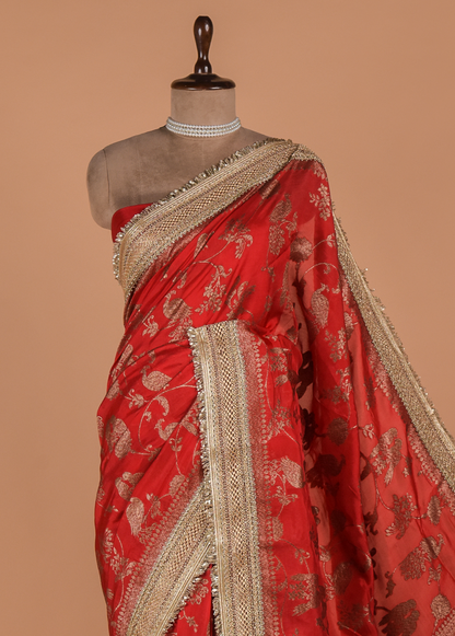 Red Organza Embroidered Saree
