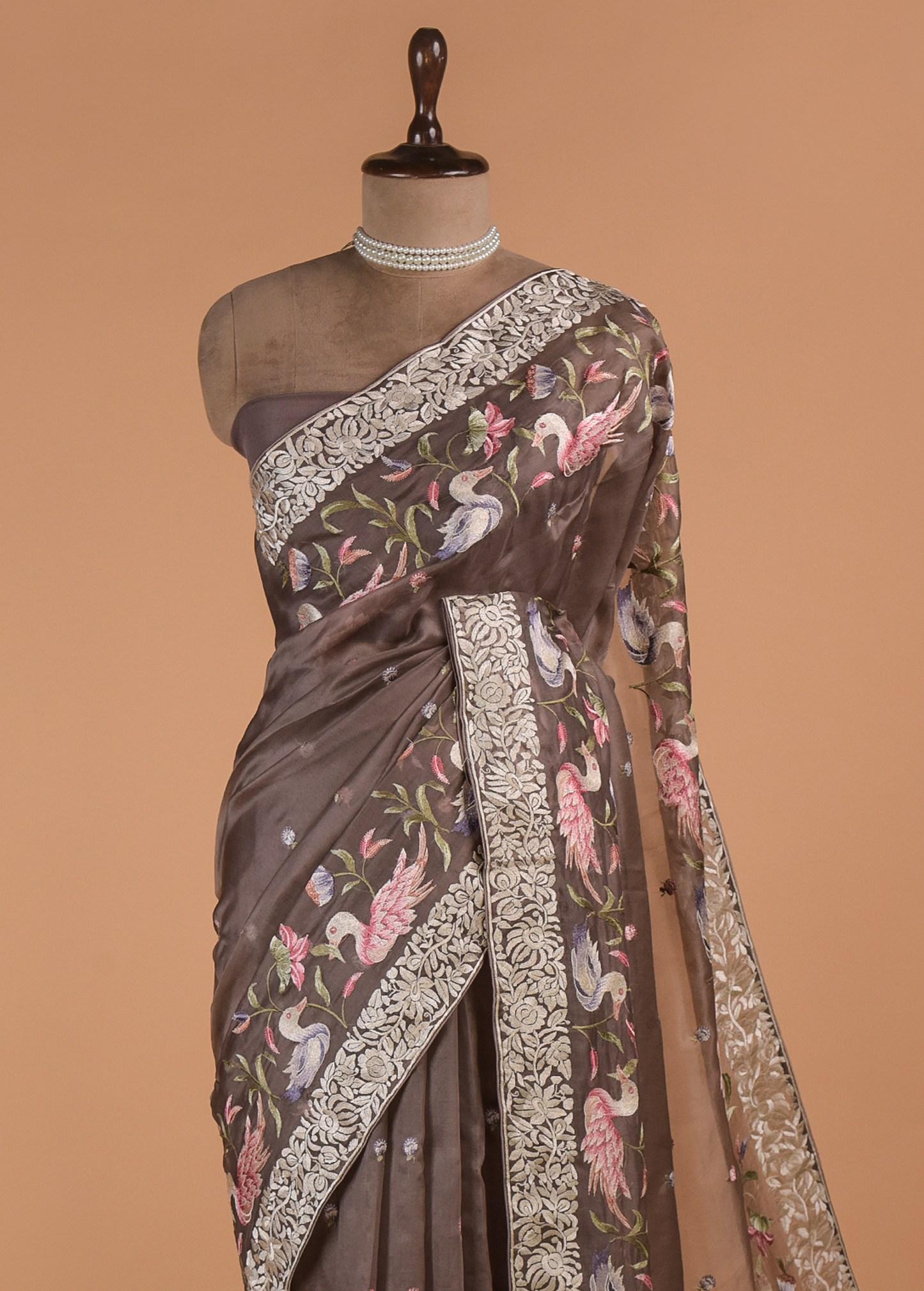 Brown Organza Embroidered Saree