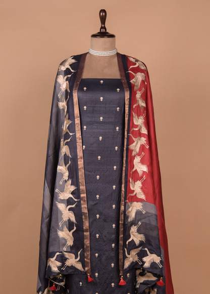 Grey Tussar Silk Dress Material