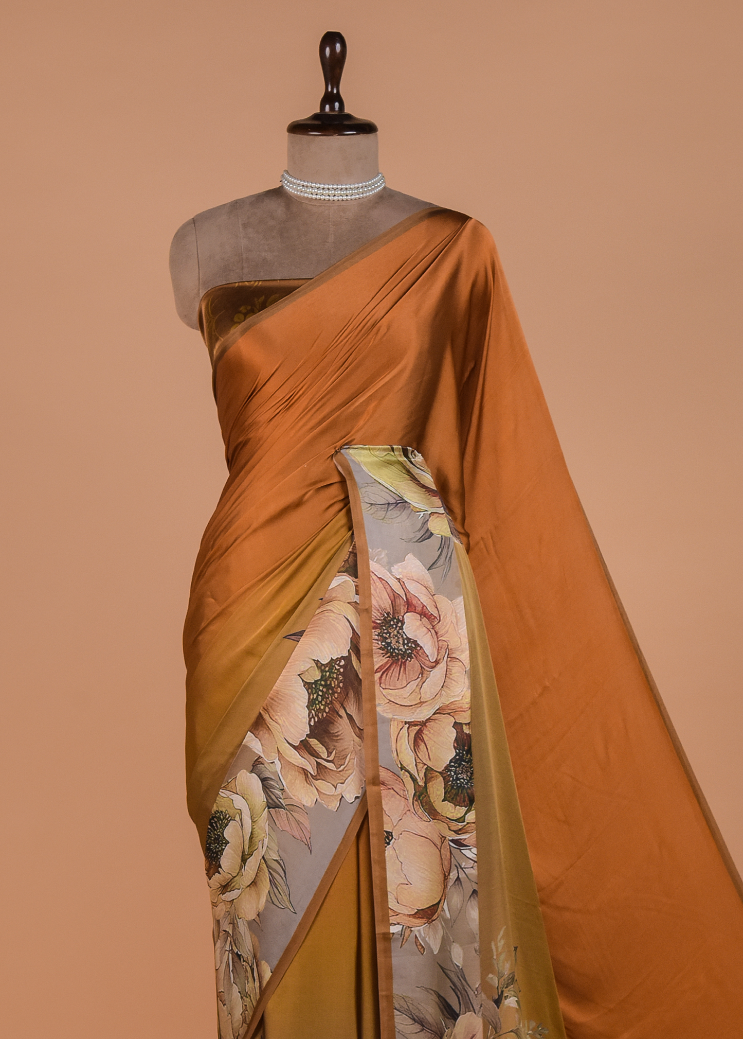 Mustard Satin Printed Saree