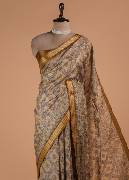 Mustard Tussar Printed Saree