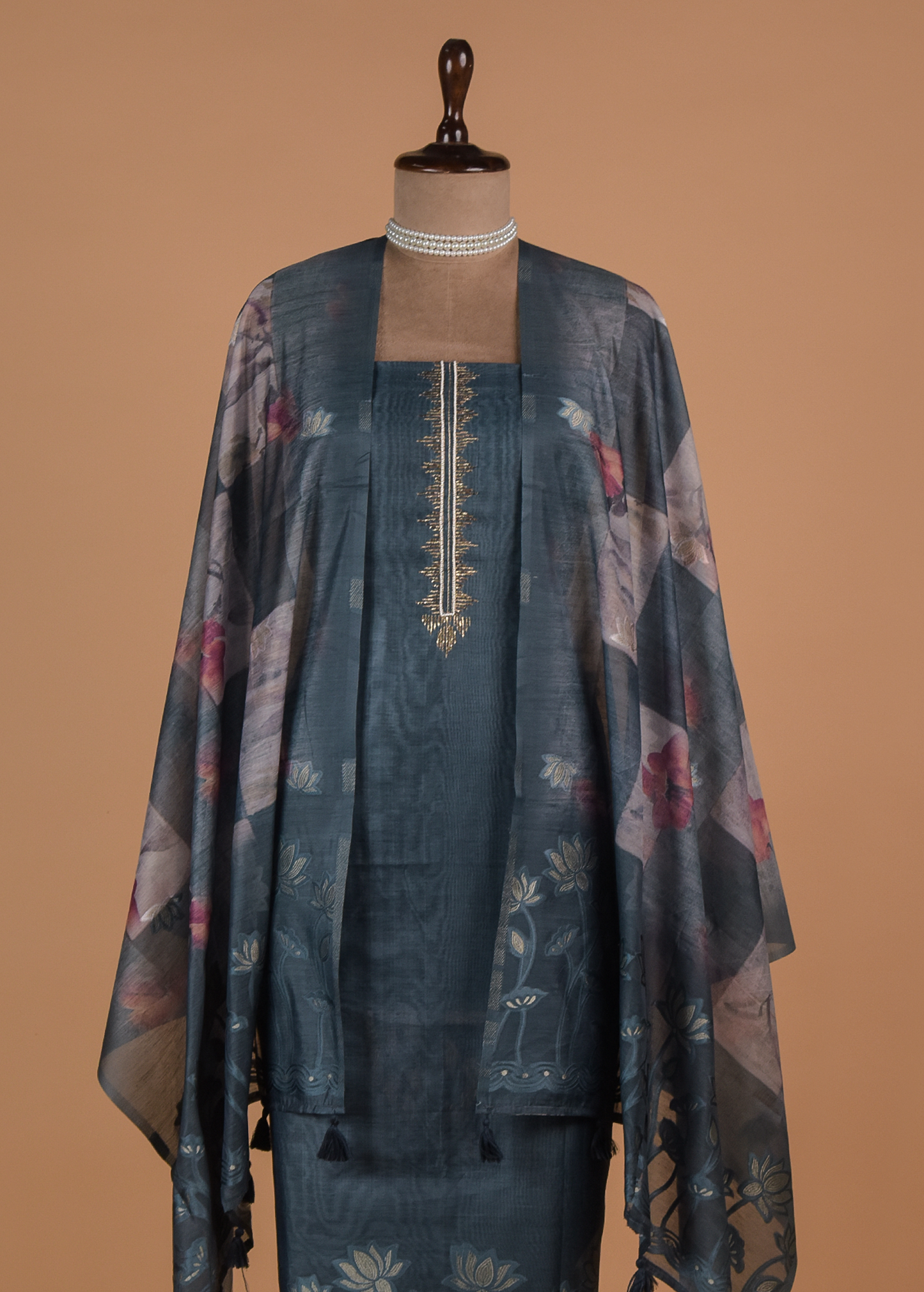 Blue Chanderi Cotton Dress Material