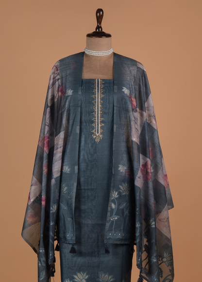 Blue Chanderi Cotton Dress Material