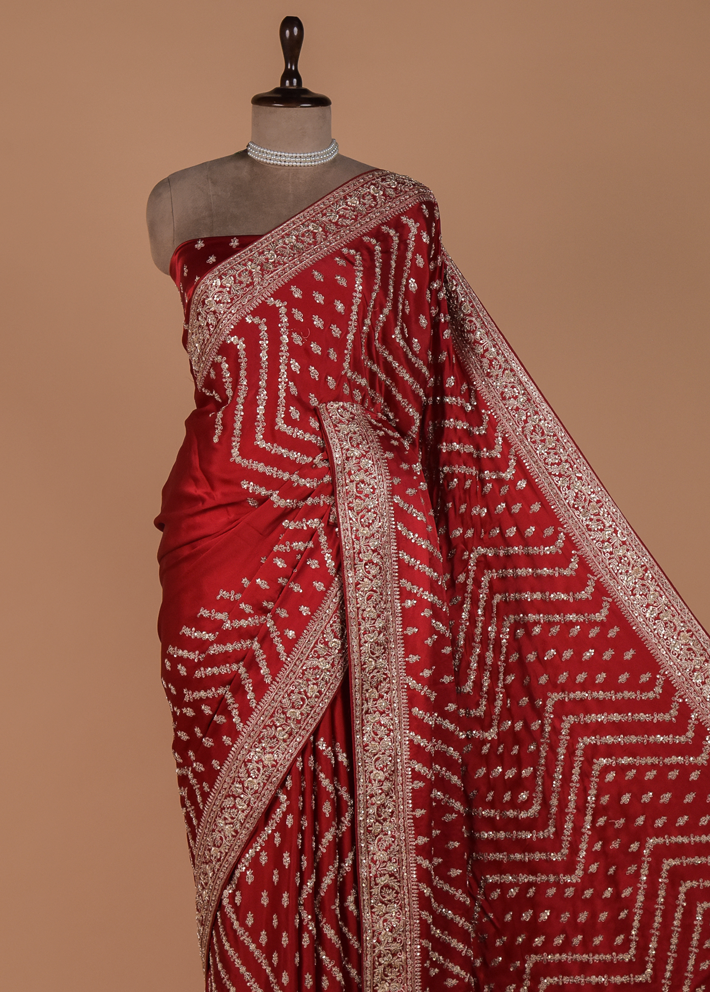 Red Satin Embroidered Saree
