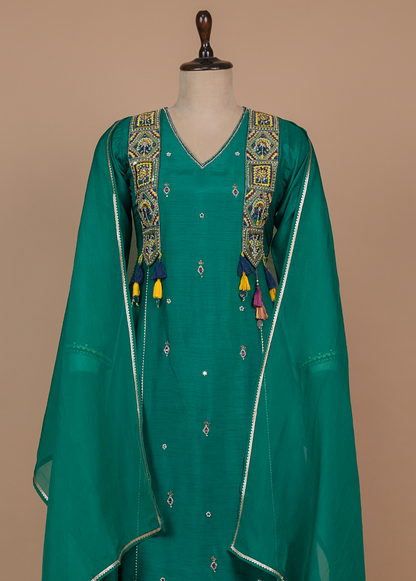 Green Cotton Silk Straight Set