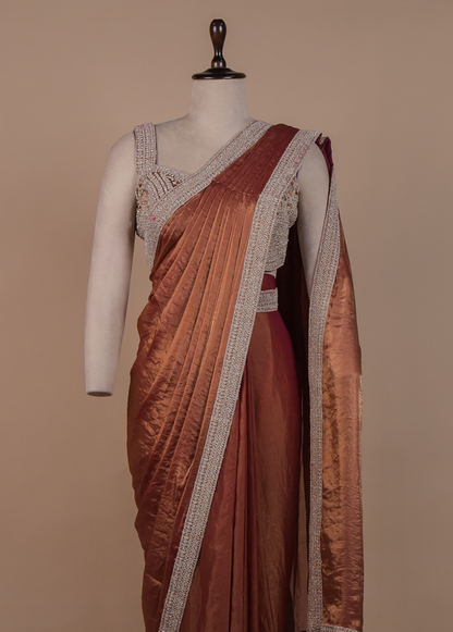 Rust Tissue Georgette Readymade Saree