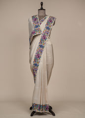 Cream Crepe Silk Embroidered Saree