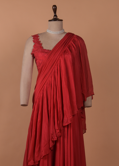 Red Crepe Satin Readymade Saree