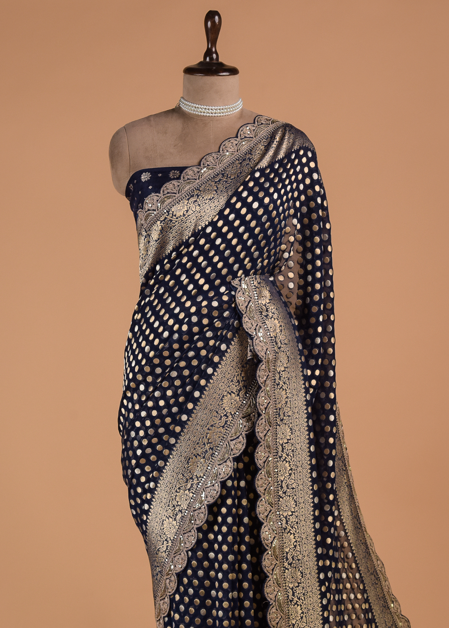 Blue Hand Embroidered Banarasi Saree - Image 2 | Greenways Delhi