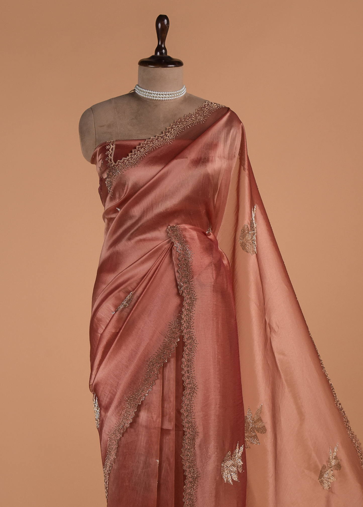 Peach Tissue Organza Embroidered Saree