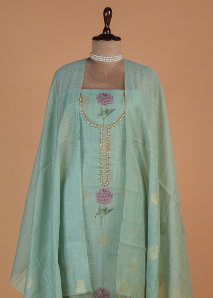 Blue Chanderi Cotton Dress Material