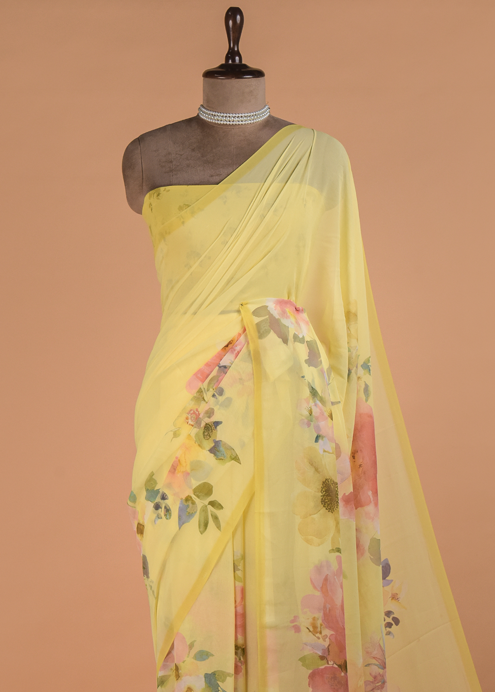 Yellow Printed Georgette Saree - Image 2 | Greenways Delhi