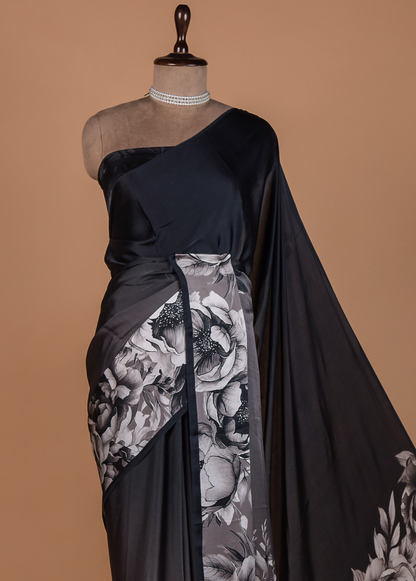 Black Satin Printed Saree