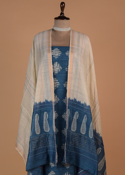 Blue Tussar Dress Material