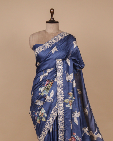 Blue Tussar Embroidered Saree