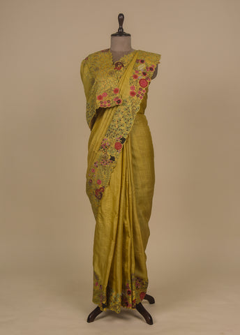 Yellow Embroidered Tussar/ Embroidery Saree