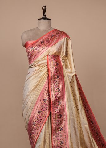 Cream Art Silk Banarasi Saree