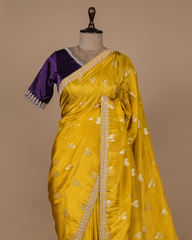 Yellow Silk Crepe Embroidered Saree