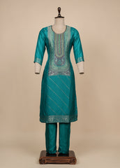 Blue Cotton Silk Straight Set